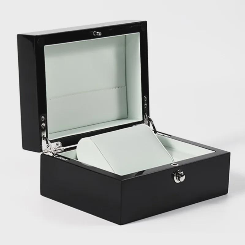 Black Piano Lacquer Round Wooden Watch Box with Lock and Flip Cover