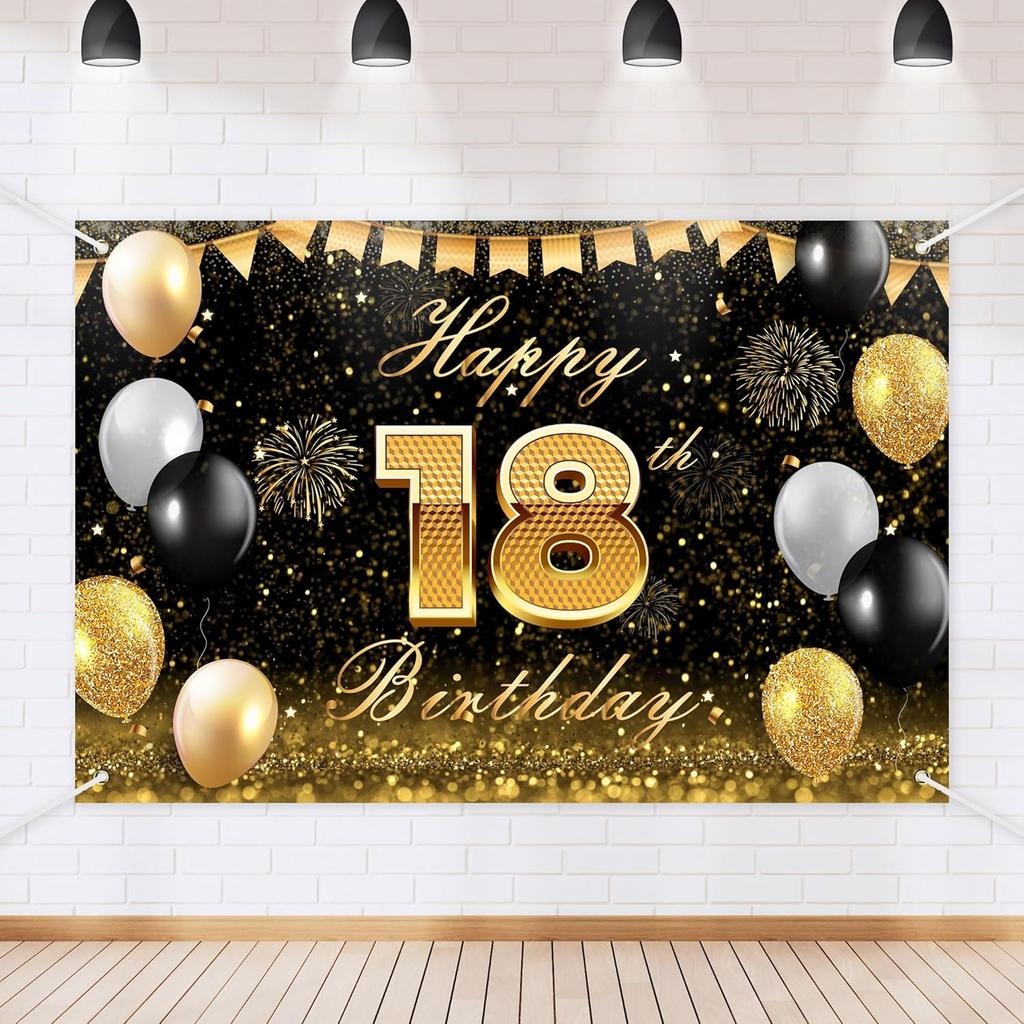 Black Gold Happy Birthday Backdrop Banner Glitter Black Gold Theme Photography Photo Prop Background Decor for Men Women Boys Girls Celebration