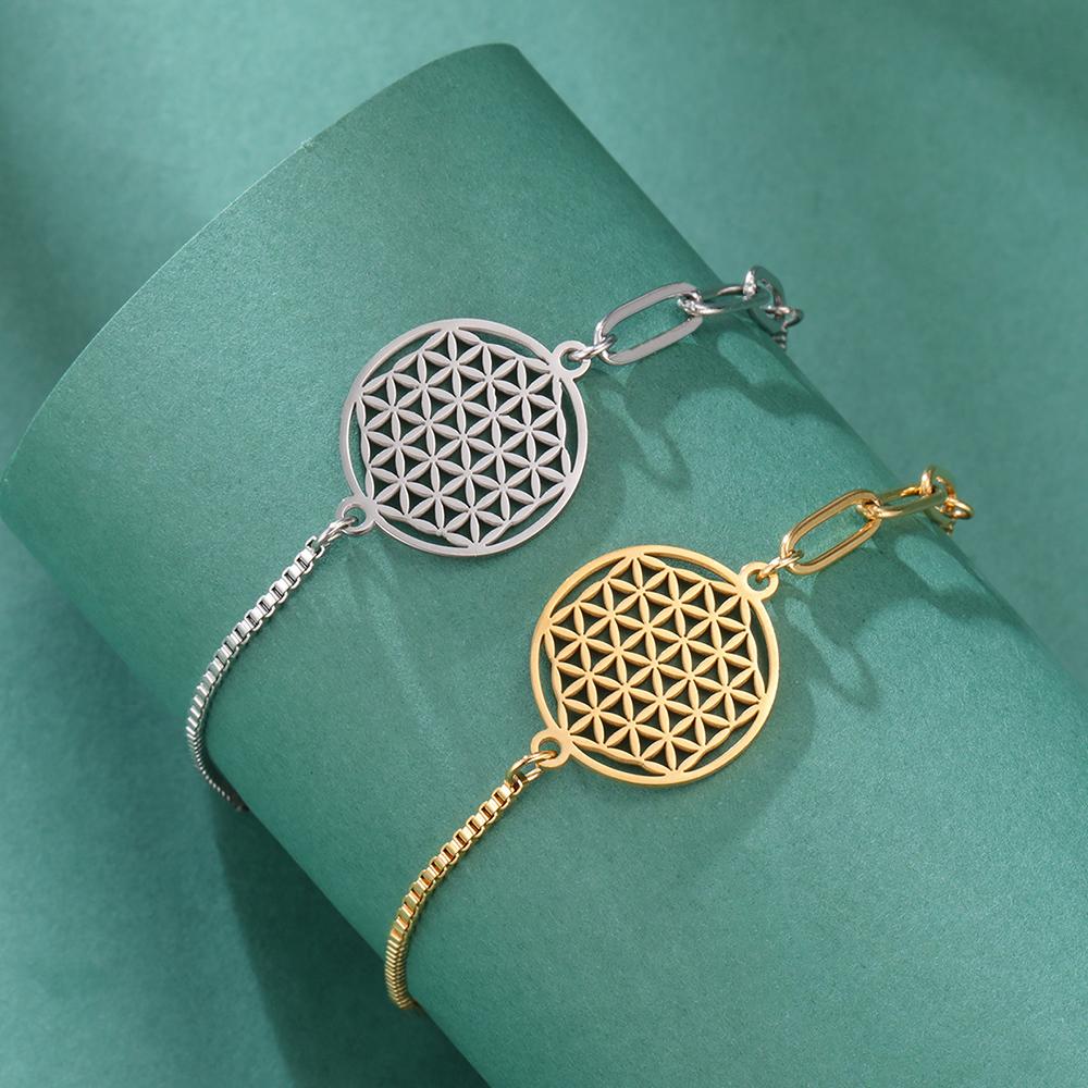 Dawapara Flower of Life Women Bracelet Mandala Sacred Geometry Yoga Meditation Amulet Stainless Steel Jewelry