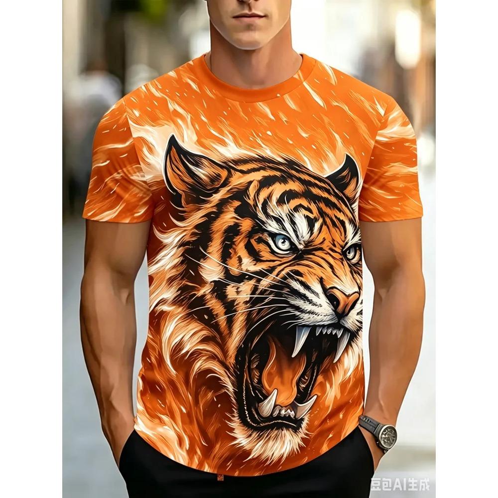 Fashion Fire Tiger Print Men T-shirt Wild Animal Graphic T Shirt Trend Cool Man Streetwear Summer Casual Crew Neck Short Sleeve