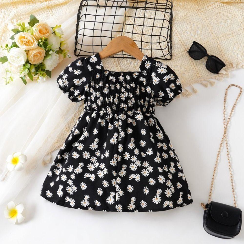 Square Collar Summer Flower Dress Puff Sleeve Toddle Dress Baby Girls Princess Dress  Summer