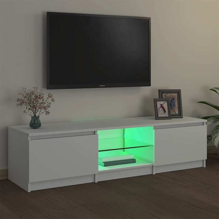 vidaXL Meuble TV avec éclairage LED, Blanc, 140x40x36 cm, Panneaux de bois & verre trempé, Support TV jusqu’à 60" 804292