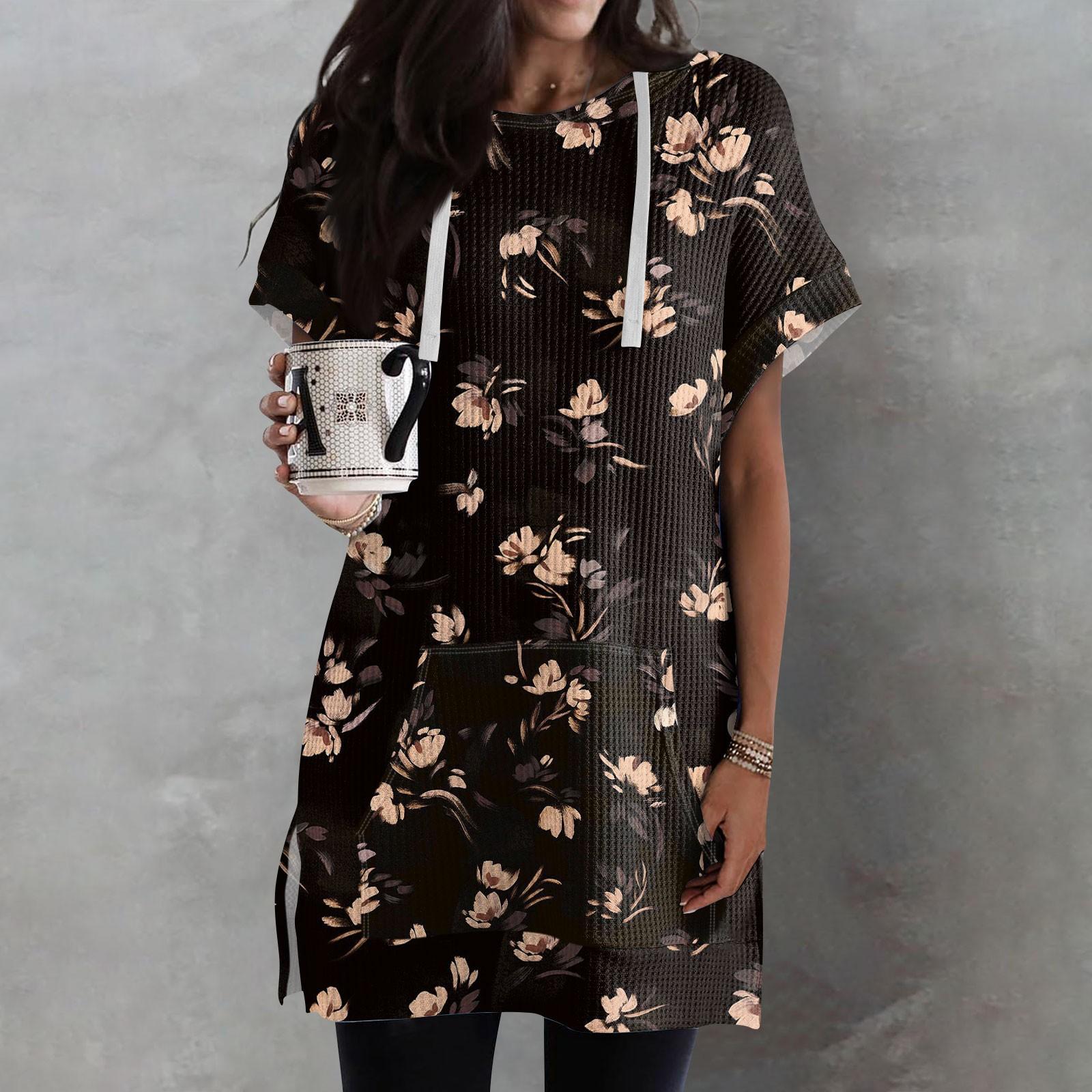 

Women s Loose Shirts Printed Short Sleeve Drawstring Hoodies Knit Side Slit Tunic Hooded Tops With Pocket XXXL кавовий