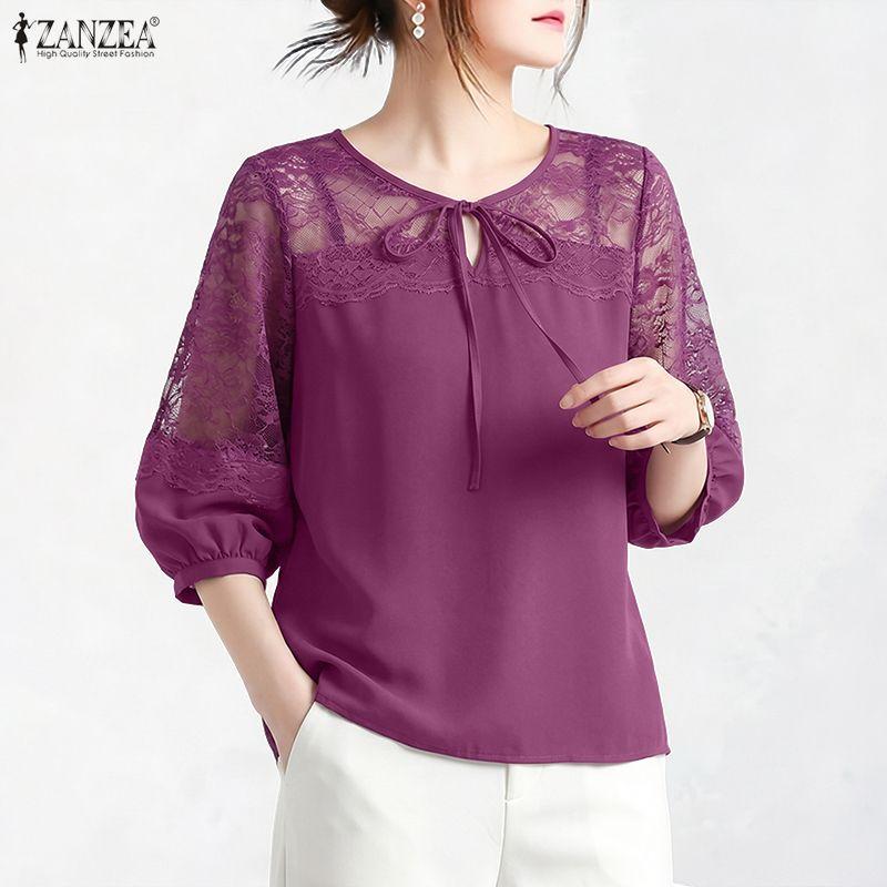 ZANZEA Blusa casual da donna con scollo rotondo, manica a metà, patchwork in pizzo traforato