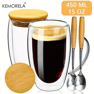 2 stuks 12oz/15oz 350ml/450ml Dubbelwandige Glazen Koffiemokken Met Bamboe Deksel en Lepels Glazen Koffiekopjes Met Handvat Geïsoleerde Transparante Koffiemok Perfect