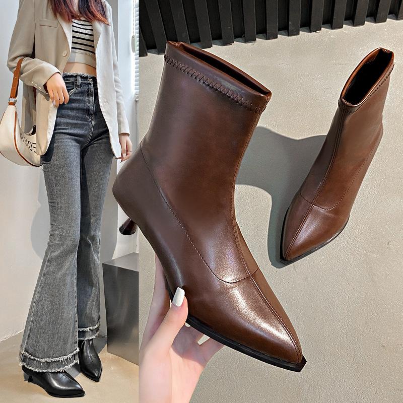 Hot Selling French Leather Boot 2025 Autumn New Women's Fashion Single Boots Pointed Toe, Thin Heel Mid Heel, Sleeve Short Boots