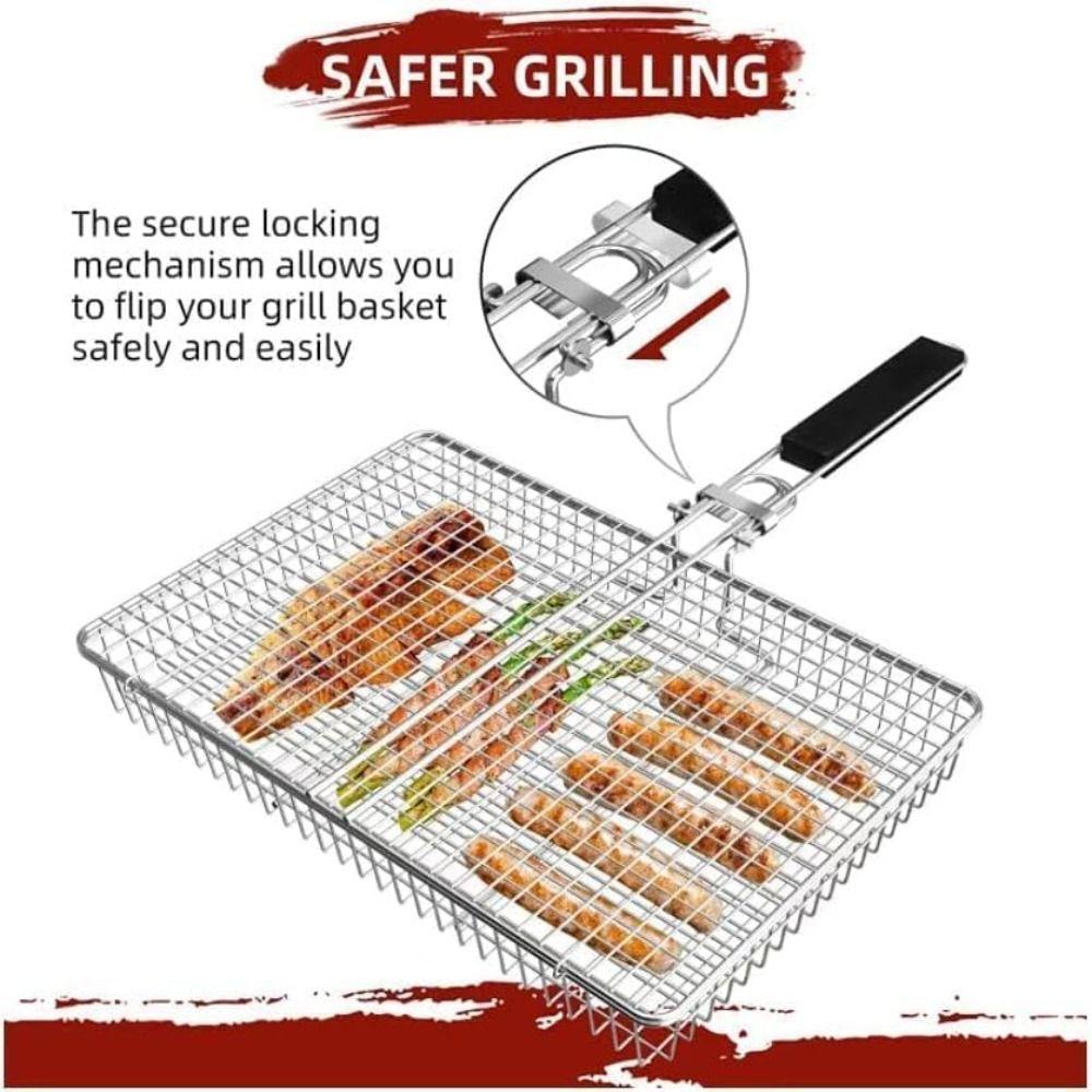 Large Size Grill Basket Lockable Design BBQ Grill Basket Fish Grill Basket  Outdoor Camping