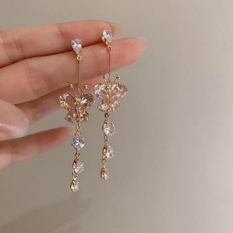 Korean Elegant Crystal Butterfly Drop Earrings for Women Long Tassel Dangle Earrings Wedding Party Jewelry Gift