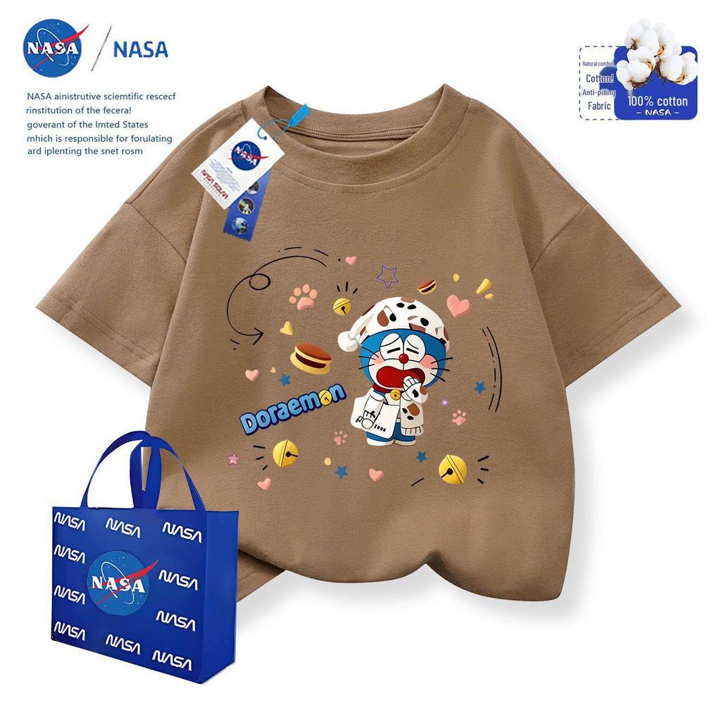NASA x Doraemon Kinder-Baumwoll-T-Shirt mit Rundhalsausschnitt und Stickerei, Kurzarm