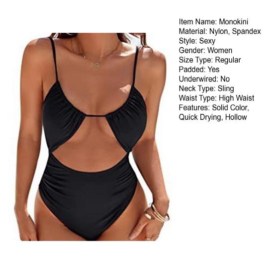 Dámské jednodílné plavky s vysokým pasem, duté monokini, jednobarevné, rychleschnoucí, elastické, plážové oblečení s hrudní vycpávkou
