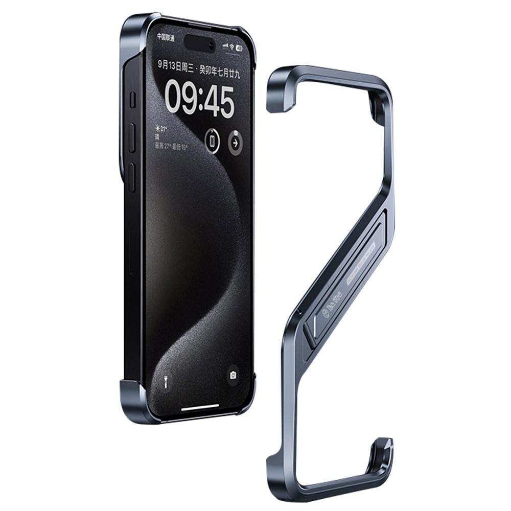 

For iPhone 16 Frameless Case S-Shaped Aluminium Alloy Phone Cover with Kickstand Grey