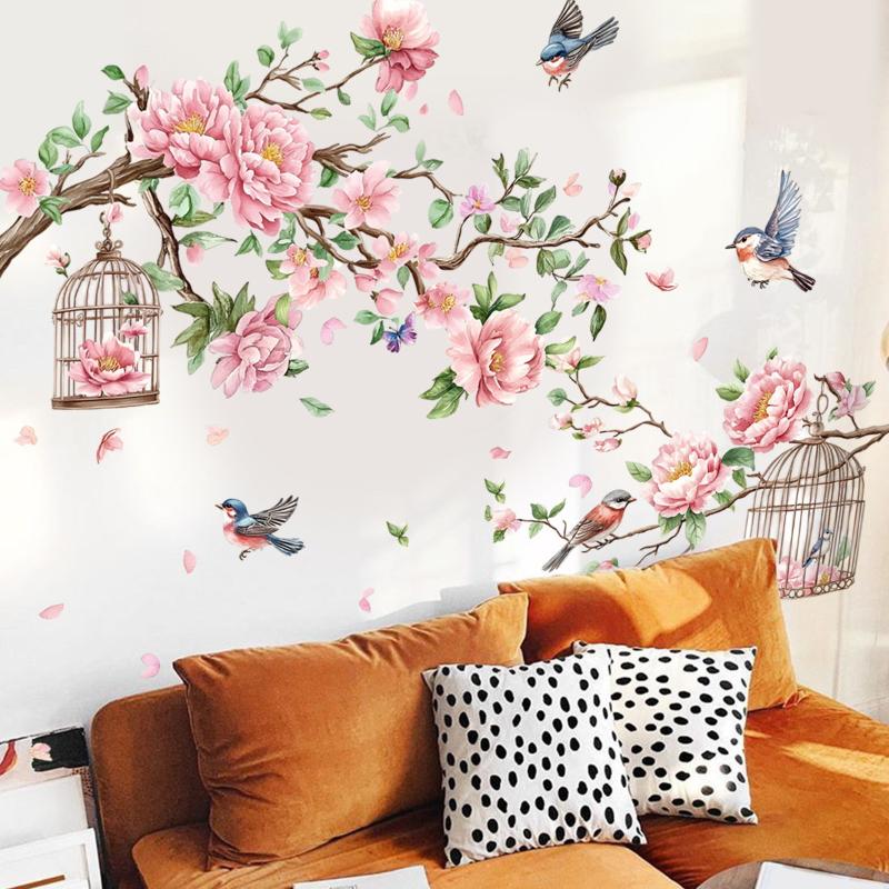 Creative Tree Branch, Bird, And Peach Blossom Wall Stickers For Living Room And Bedroom Decoration