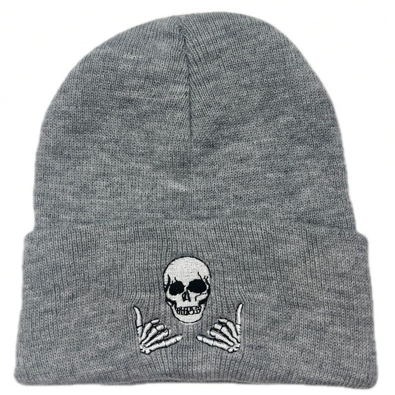 1pc unisex Winter Warm Skull Embroidery Knit Beanie Hat,Warm Outdoor Ski Cap Autumn Accessories,suitable for Halloween,Christmas