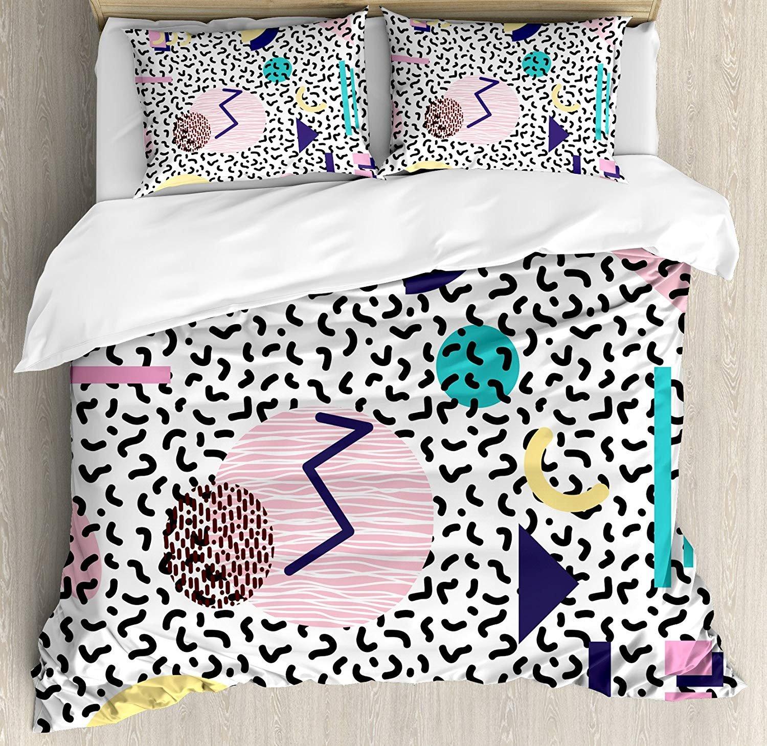 

90s Duvet Cover Set 90 s Letter And Stars On Striped Background With Circles Party Celebration Themed King Size Twin Bedding Set (135x200cm)