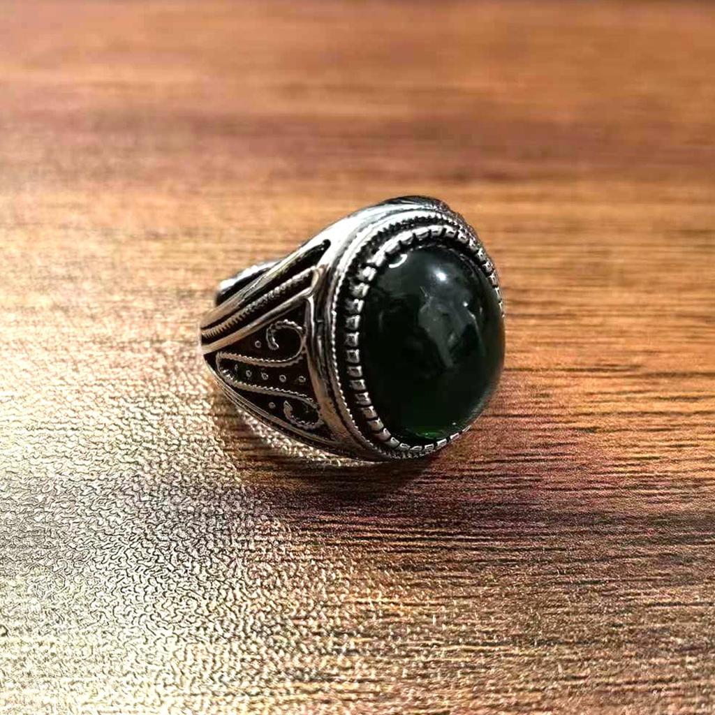 Men's Gold-Plated Brass Ring with Obsidian Sand and Agate