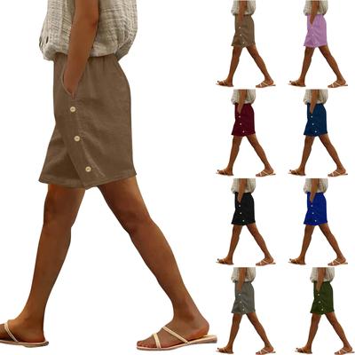 Damenmode Lässig Locker Einfarbig Seitenknopf Tasche Mittelhoch Baumwolle Leinen Shorts