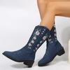 Flower Embroider Mid Calf Cowboy Boots Women  Autumn Chunky Heels Western Boots Woman Plus Size Pointed Toe Denim Long Boots