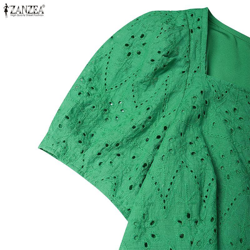 ZANZEA Women Square Collar Summer Casual Short Sleeve Crochet Dress