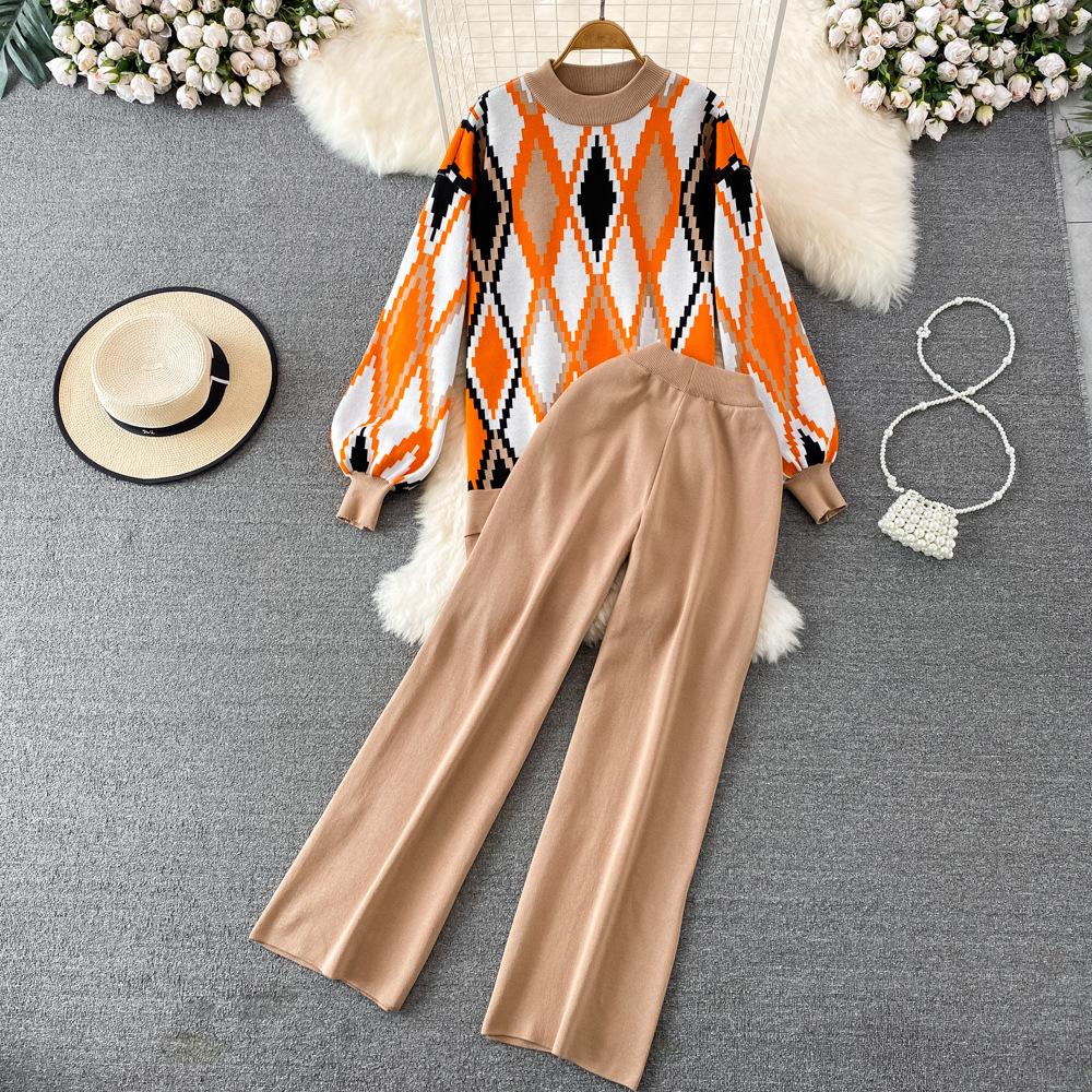 Conjunto de Moda para Mujer Otoño Invierno Suéter Holgado de Manga Larga a Cuadros Conjunto de Dos Piezas Pantalones de Punto Rectos de Pierna Ancha Adelgazantes de Cintura Alta