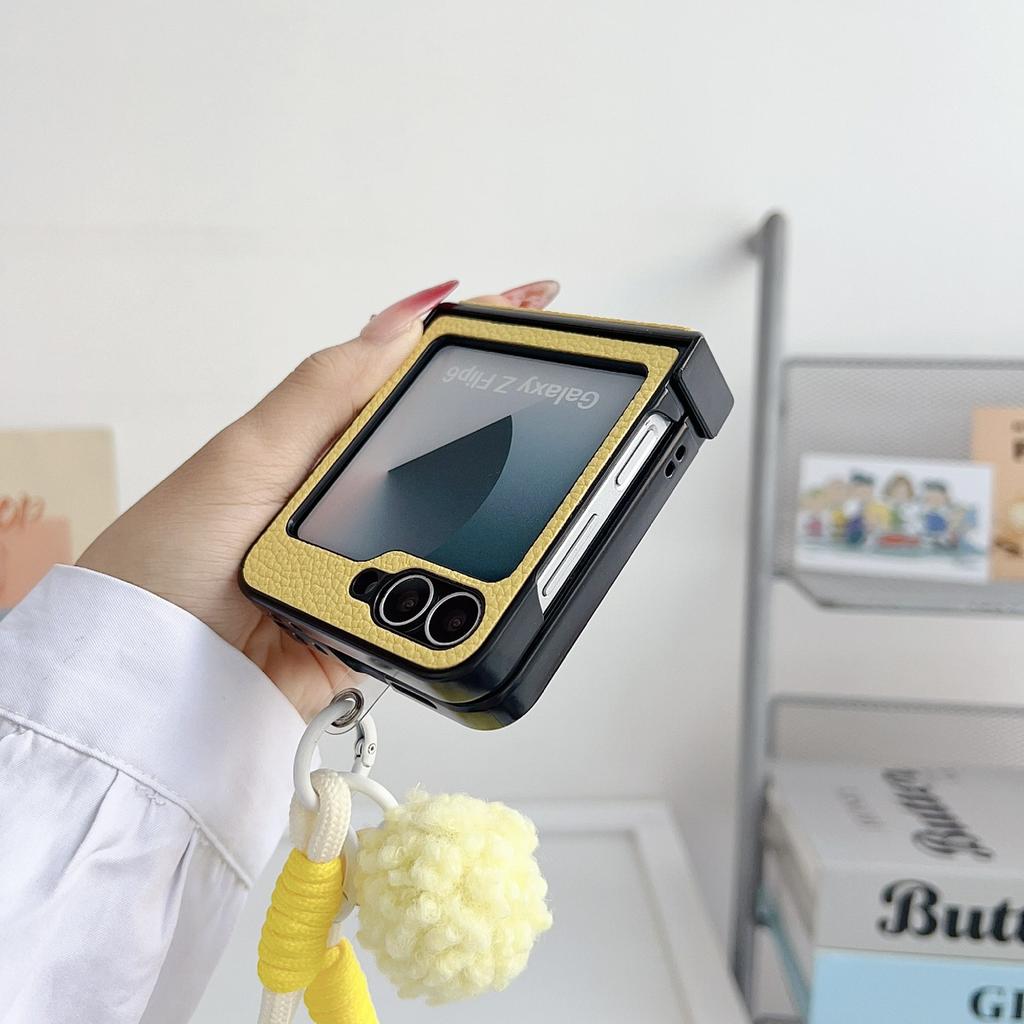For Samsung Galaxy Z Flip6 5G Case Cute Dog Hinge Protection Litchi Texture Phone Cover with Wrist Strap