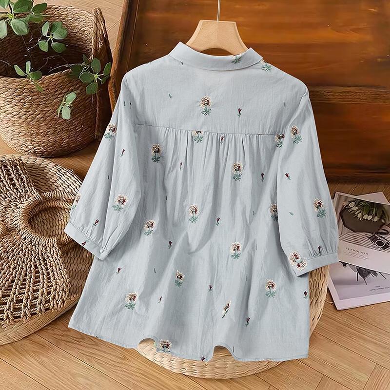 Shechi Women's Embroidered Half-Sleeve Lapel Blouse