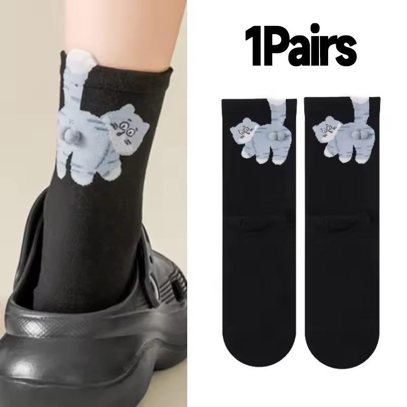 JOYBLISS Chaussettes Chat Mignon 3D Noir/Blanc Chaussettes Coton Chat Drôle Respirantes Douces Fille Femme Chaussettes Fantaisie Ensemble Cadeau Kawaii