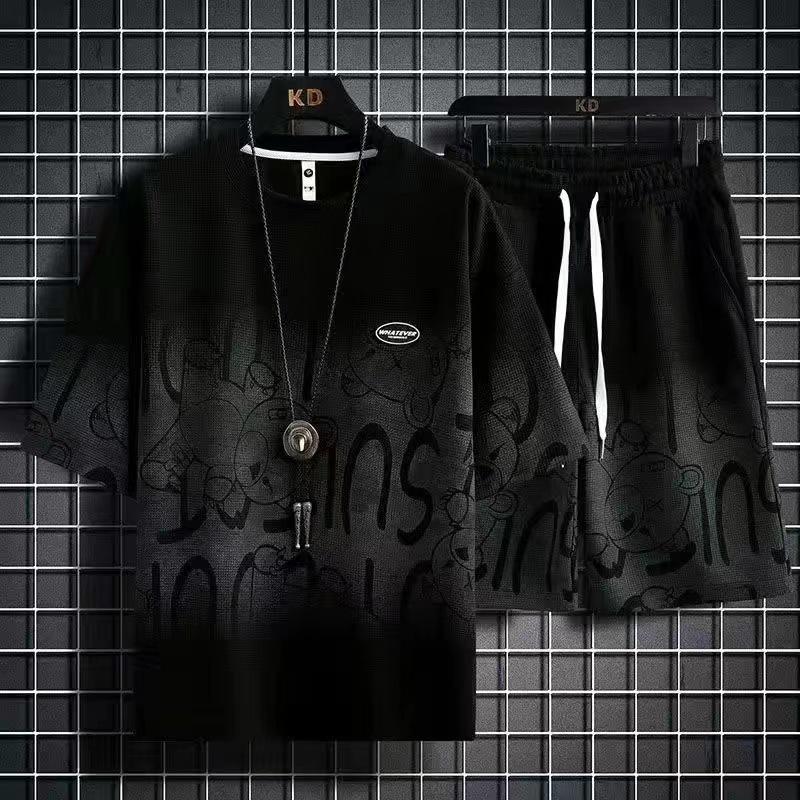 Men's Summer Waffle Ice Silk Two-Piece Casual Suit - Short-Sleeve T-Shirt & Shorts