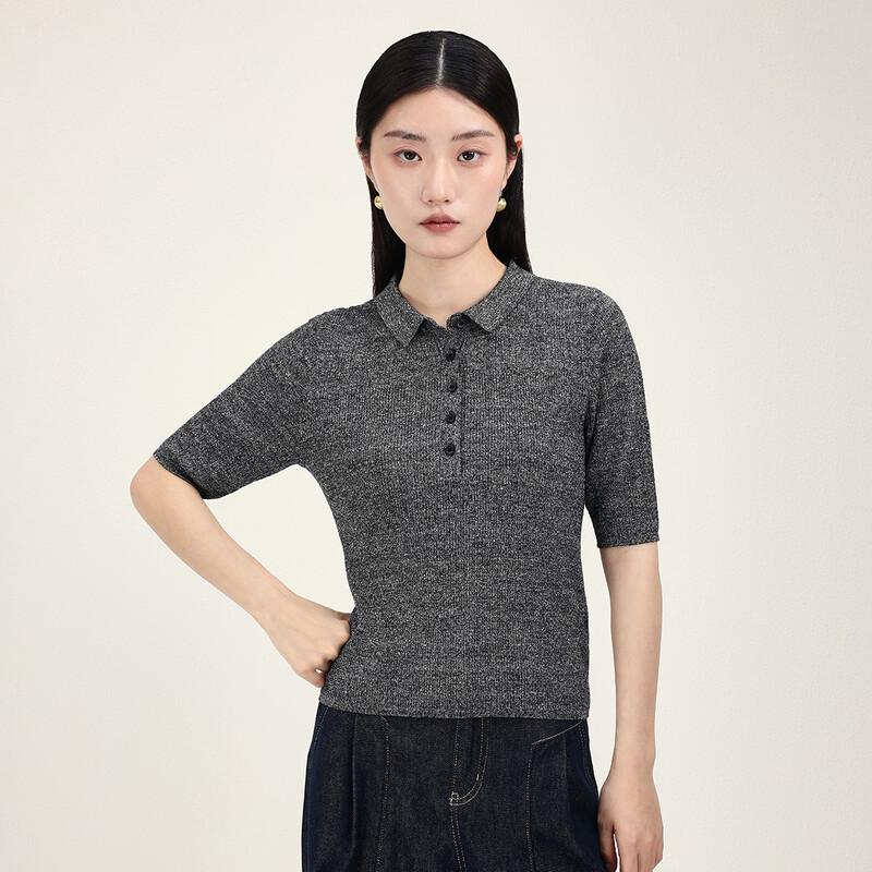 Northern Deer Summer POLO Collar Ribbed Linen Wool Knit T-shirt M