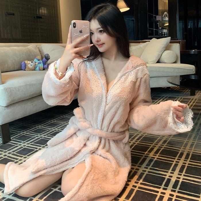 Women's Winter Fleece Long Bathrobe with Velvet - Sexy Bride Morning Robe Pajamas