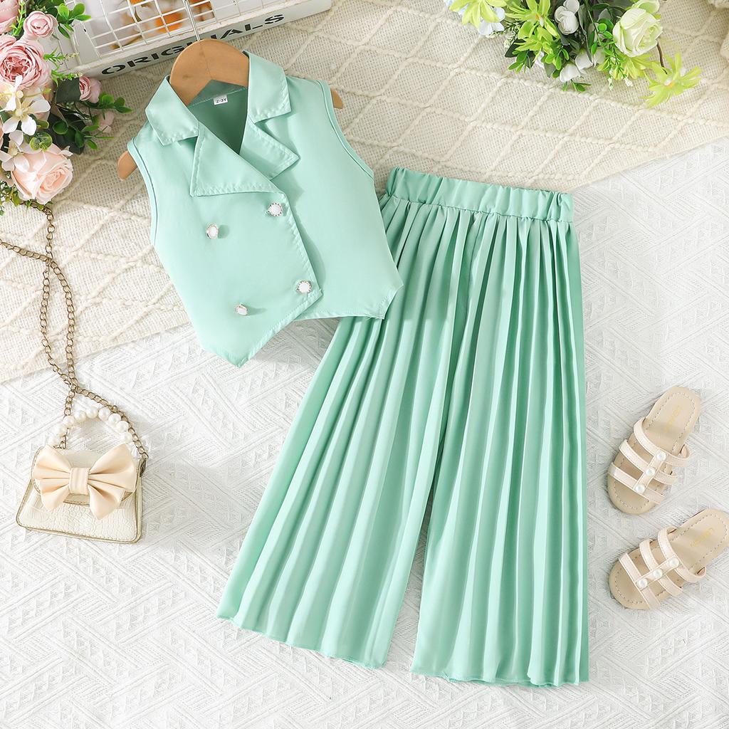 Girls' Fashionable Suit Set: Summer Sleeveless Top + Wide-Leg Pants Set