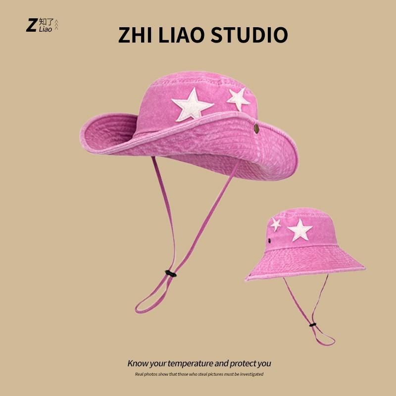 Vintage sticker star western cowboy hat women's spring sunshade sun climbing hat outdoor camping bucket hat