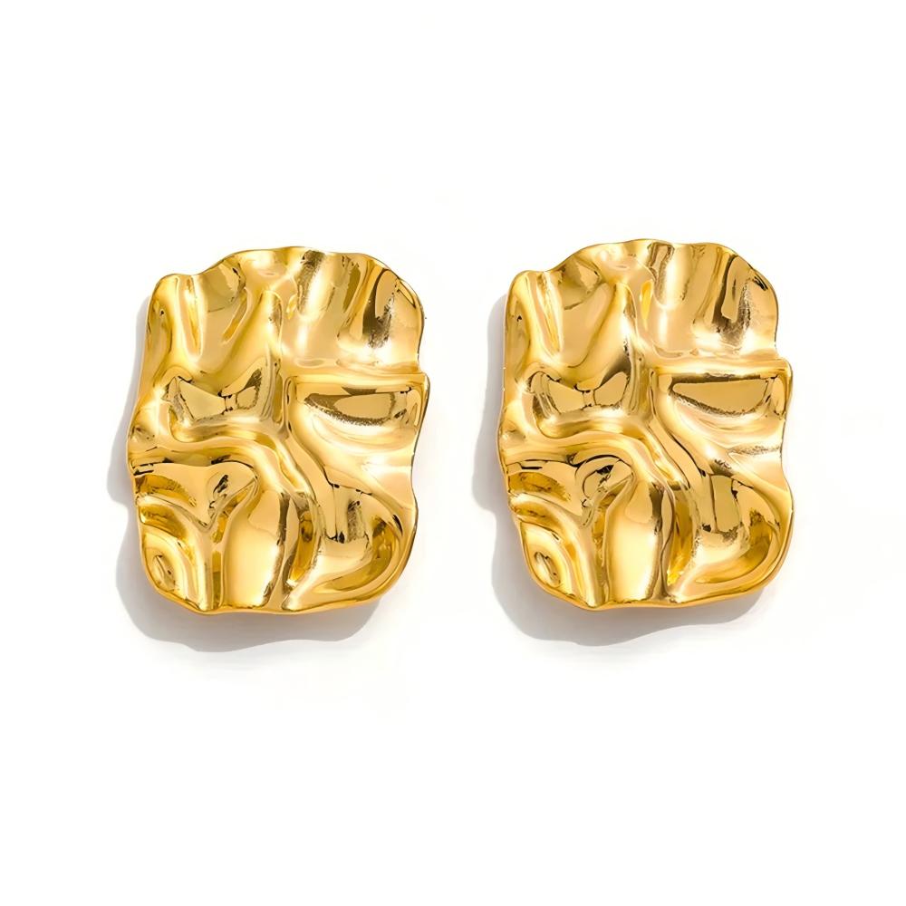 Round Irregular Stone-Shaped Pleated Gold Stainless Steel Stud Earrings for Women Vintage Korean Design Studs Jewelry Set