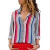Elegant Women Autumn Striped Floral Button V Neck Long Sleeve T Shirt Casual Blouse