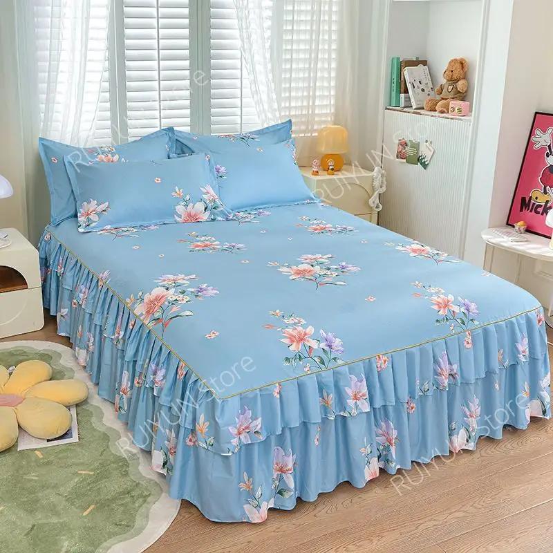 Dvouvrstvá postelová sukně, protiskluzový chránič matrace, květinový tištěný princeznovský přehoz, přehoz na postel, prostěradlo, dekorace