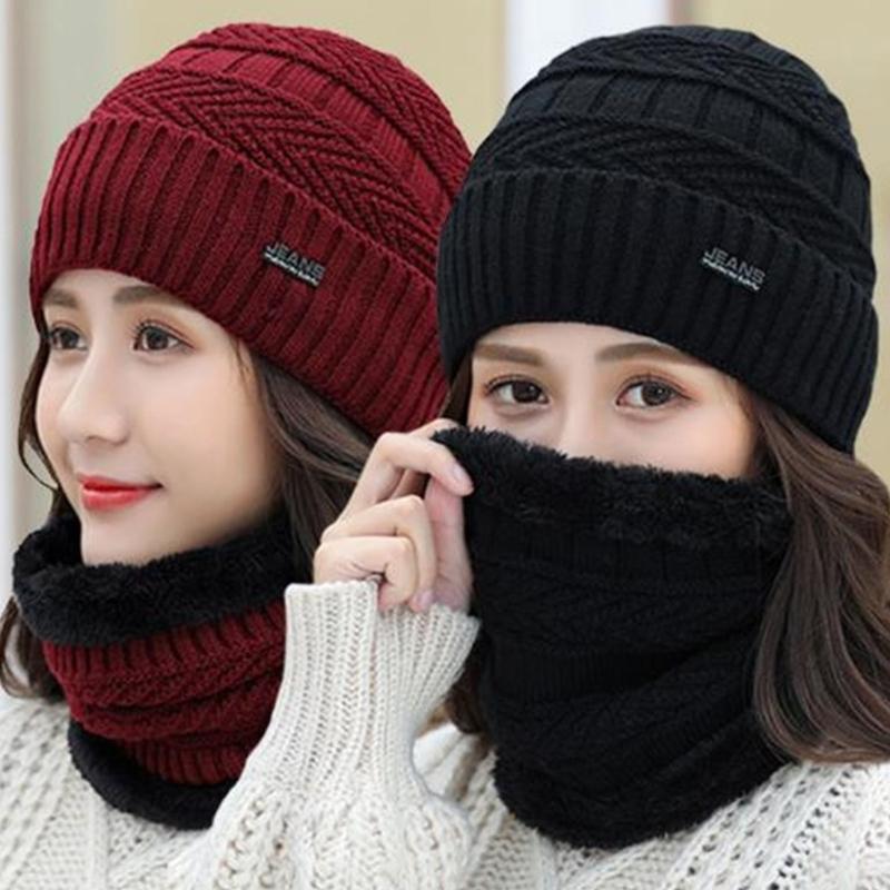 Beanie Scarf Set Men Women Winter Caps Cover Ears Winter Skullies Hat Wool Beanies Knitted Hat Scarf With Lining
