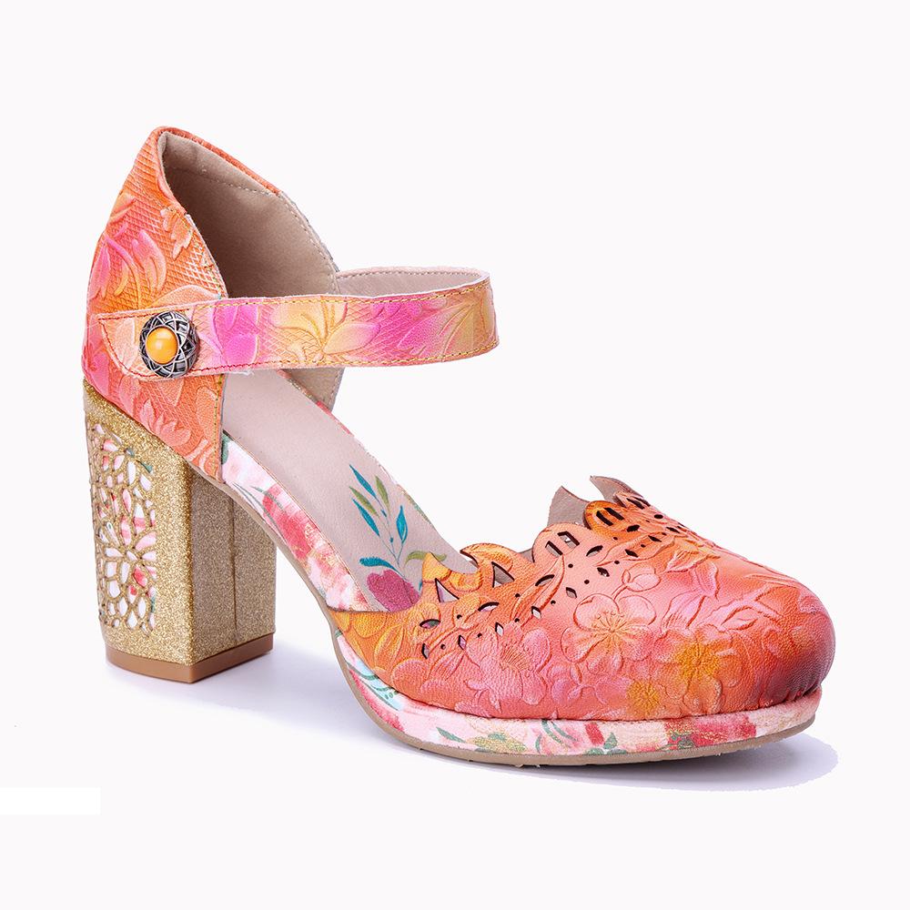 Johnature Genuine Leather Printed High Heels Sheepskin Handmade Retro Colored Women's Sandals