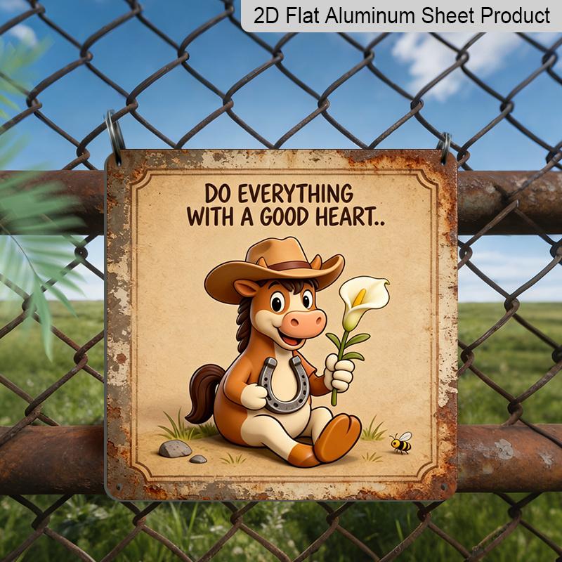 

2D Flat- 1pc, Vintage Square Aluminum Sign Featuring A Caring Little, Cartoon Horseshoe Lily Theme Decoration Patio Entrance Joyful Display 20*20cm