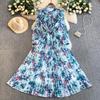 Romantic French Chiffon Print Ruffled Dress with Cinched Waist and Pleated Wide Hem
