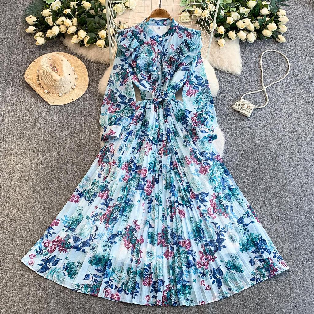 Romantic French Chiffon Print Ruffled Dress with Cinched Waist and Pleated Wide Hem