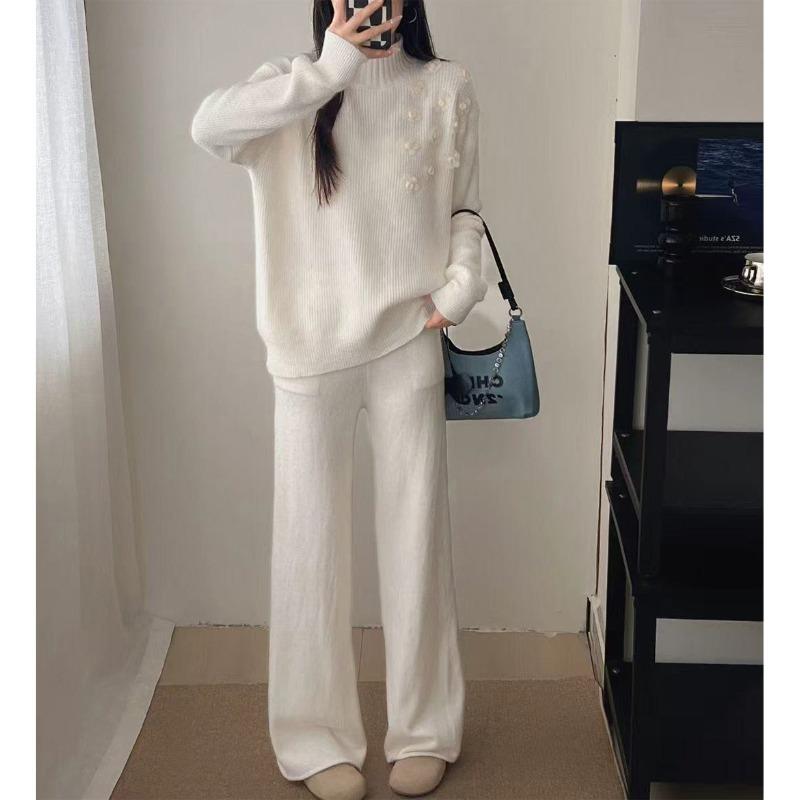 Three-dimensional Flower Bright Silk Sweater Two-piece Set Women's Autumn and Winter New Large-size Wide-leg Pants Half-turtleneck Knitted Set