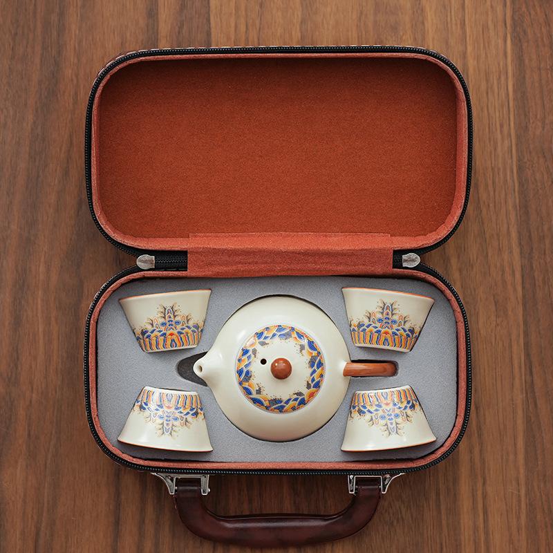 Tea set Ru kiln portable travel car wave kung fu teapot small set light luxury leather bag gift box