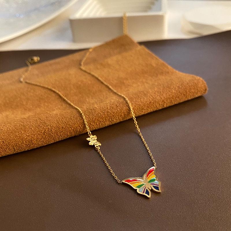 Colorful Butterfly Pendant Necklace, Women's Versatile Titanium Steel Accessory