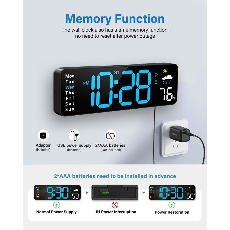 Digital wall clock large screen remote control LED alarm clock with date week temperature humidity automatic daylight saving time countdown function