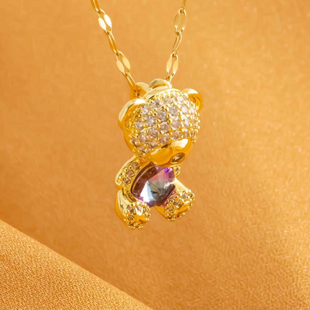 Little Bear Embracing Colorful Zircon Women's Party Stainless Steel Plated 18K Gold Hypoallergenic Jewelry Pendant Necklace