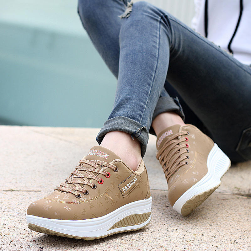Casual Sports Shoes Breathable Comfortable Wedge Heel Thick Sole Sneakers Lace Up