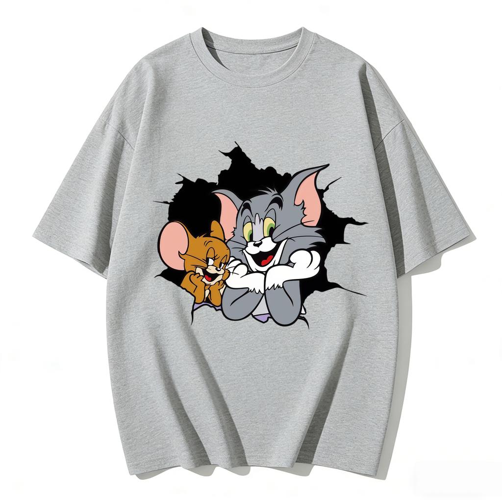 2026 New Tom Jerry Print Tshirt Casual Loose Couple Family Matching Outfits Short Sleeve Cotton Tee Summer Streetwear Tops Y2k