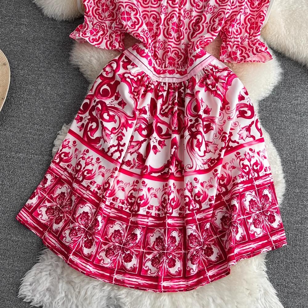 Sommer Runway Rot Blau Porzellan Partykleid Damen V-Ausschnitt Flare Ärmel Rüschen Knöpfe Blumendruck Strand Minikleider