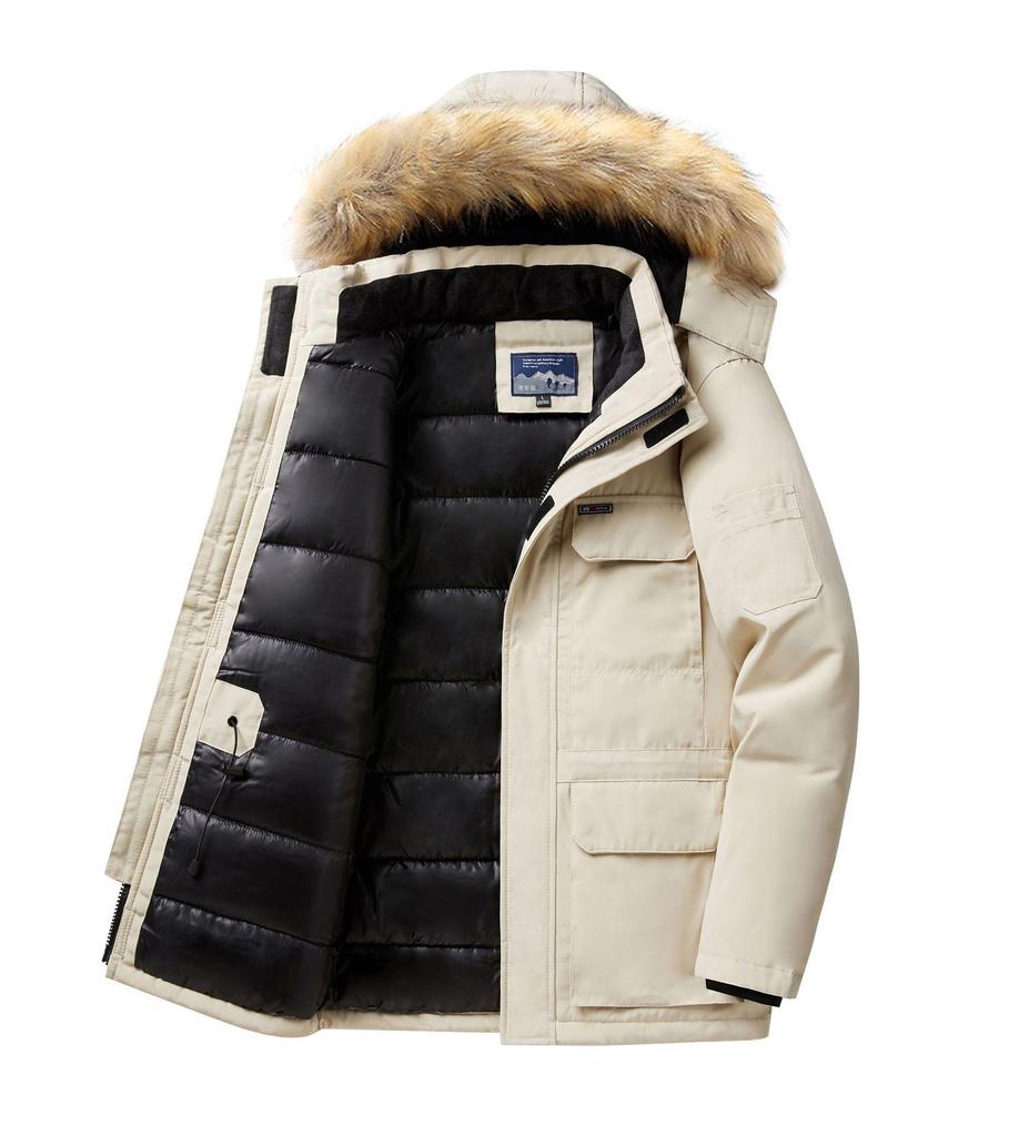 Men's Mid-Length Cotton Jacket with Fur Collar - Warm, Hooded, Windproof, Fashionable Outerwear