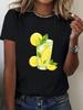 Lemonade Graphic Black Yellow Summer Casual with Lemon Slice Mint Leaf Design Breathable Fit Sleeve Round Neck Everyday