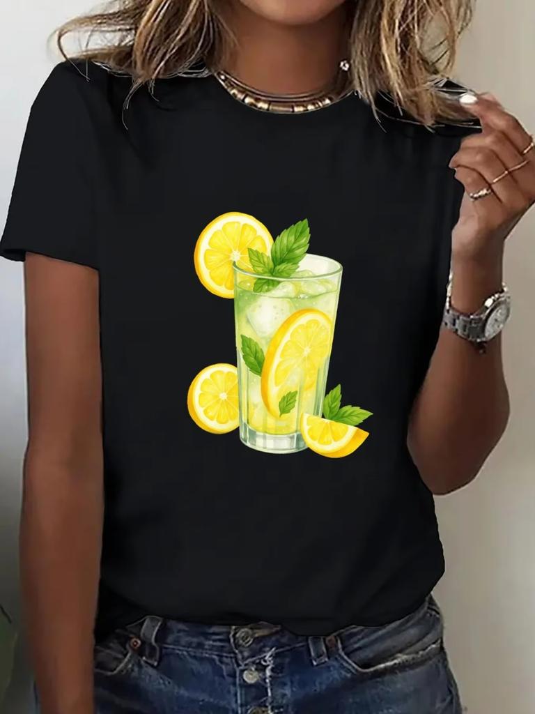 Lemonade Graphic Black Yellow Summer Casual with Lemon Slice Mint Leaf Design Breathable Fit Sleeve Round Neck Everyday